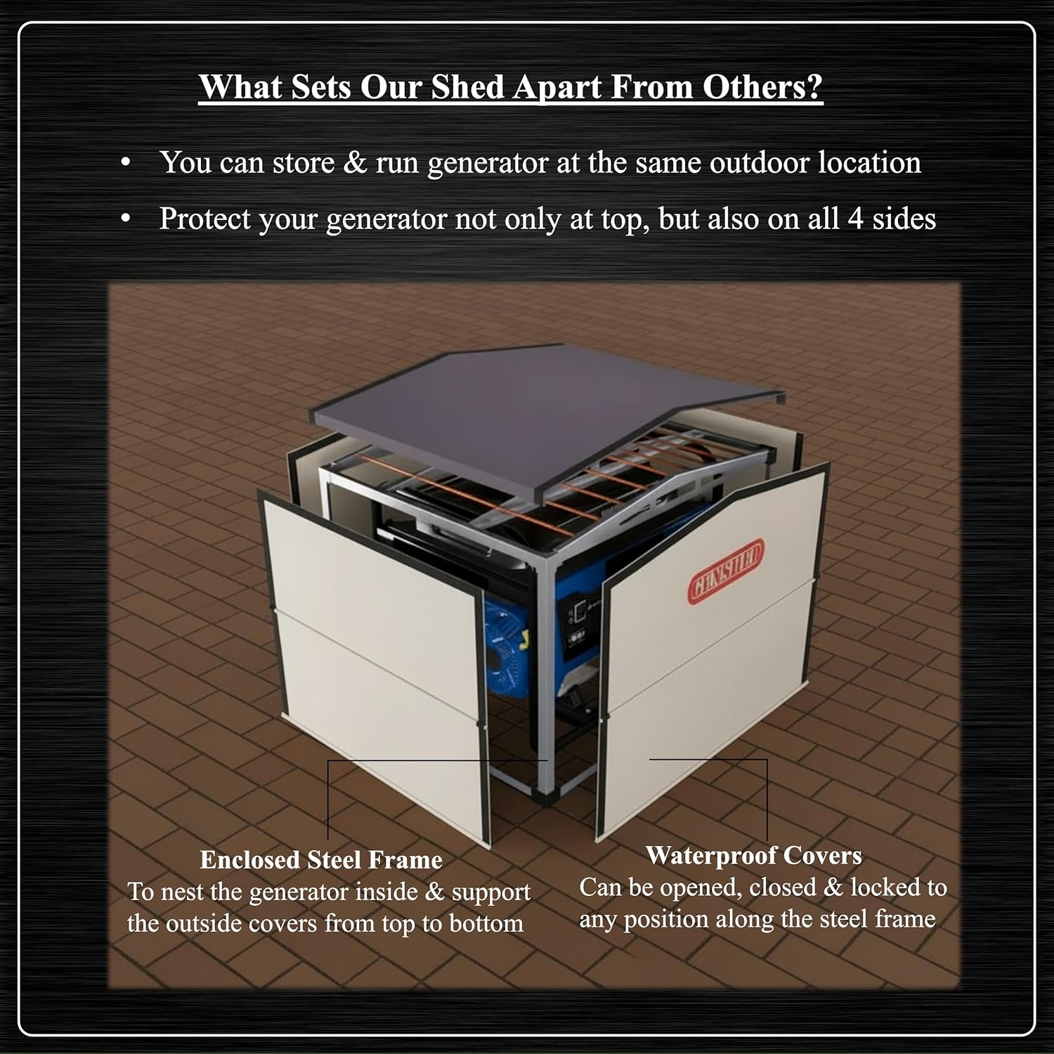 Generator Shed For Storing & Running Generator Outdoor - Combining Generator Covers While Running & Generator Covers for Outside Storage into one (GCE)