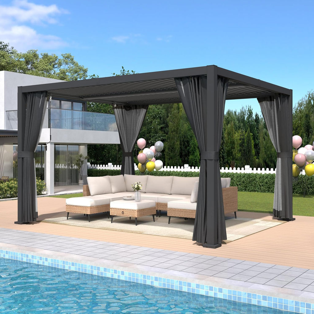 LVUYOYO Louvered Pergola 10' x 12', Outdoor Pergola with Adjustable Roof, Patio Aluminum Frame Metal Gazebo with Curtains and Netting for Patio, Backyard, Garden, Deck (Black)
