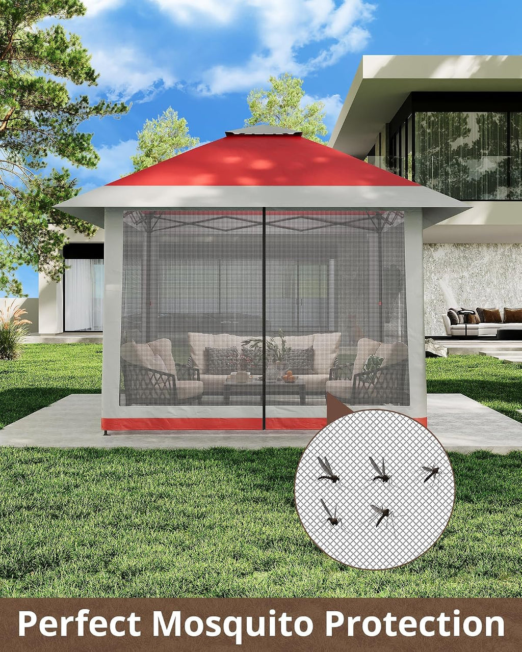 13x13ft Popup Hexagonal Gazebo with Mosquito Net, Adjustable Outdoor Hexagonal Canopy with Portable Handbag for Garden/Backyard/Patio - Gray (Red)