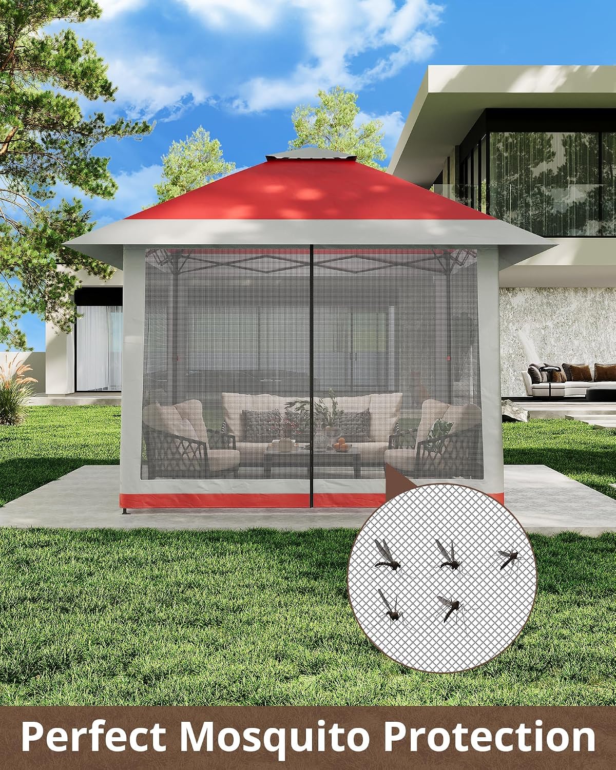 13x13ft Popup Hexagonal Gazebo with Mosquito Net, Adjustable Outdoor Hexagonal Canopy with Portable Handbag for Garden/Backyard/Patio - Gray (Red)