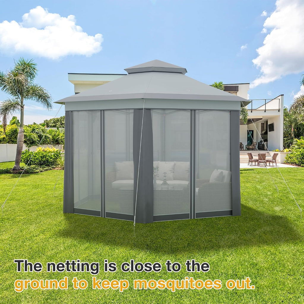 13 x 13FT Pop Up Gazebo, Instant Backyard Canopy Tent with Mosquito Net & Double Roof, Pop-Up Gazebo Canopies Adjustable Height for Patio, Party, Gray