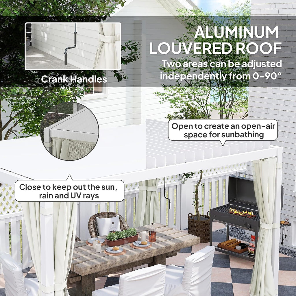 Outsunny 10' x 13' Louvered Pergola Hardtop Gazebo with Adjustable Aluminum Roof and Frame, Outdoor Pergola with Curtains and Netting, for Garden, Lawn, Backyard, and Deck, Cream White