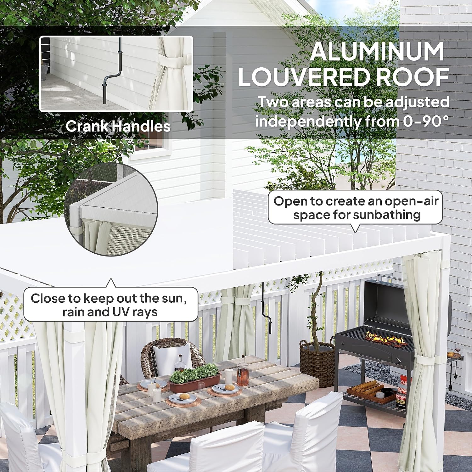 Outsunny 10' x 13' Louvered Pergola Hardtop Gazebo with Adjustable Aluminum Roof and Frame, Outdoor Pergola with Curtains and Netting, for Garden, Lawn, Backyard, and Deck, Cream White