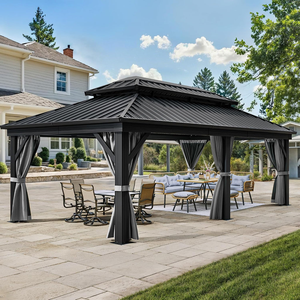 YITAHOME 12X18FT Hardtop Gazebo Double Roof Canopy Galvanized Iron 4.7X4.7'' Aluminum Pillar Garden Tent Curtains Netting for Patios Backyards Decks Lawns