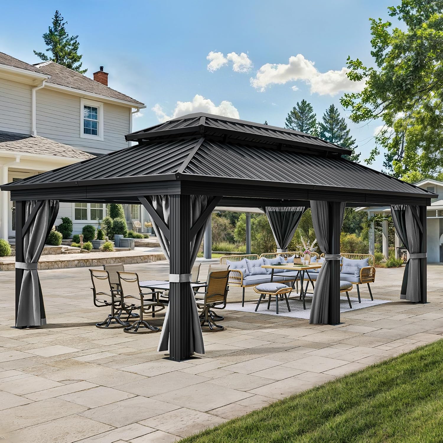 YITAHOME 12X18FT Hardtop Gazebo Double Roof Canopy Galvanized Iron 4.7X4.7'' Aluminum Pillar Garden Tent Curtains Netting for Patios Backyards Decks Lawns