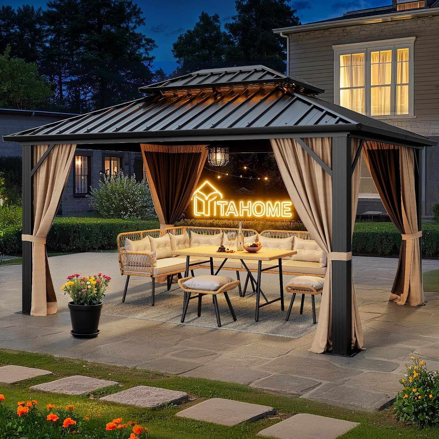 YITAHOME 10X12FT Hardtop Gazebo Double Roof Canopy Galvanized Iron Aluminum Frame Garden Tent Curtains Netting for Patios Backyards Decks Lawns