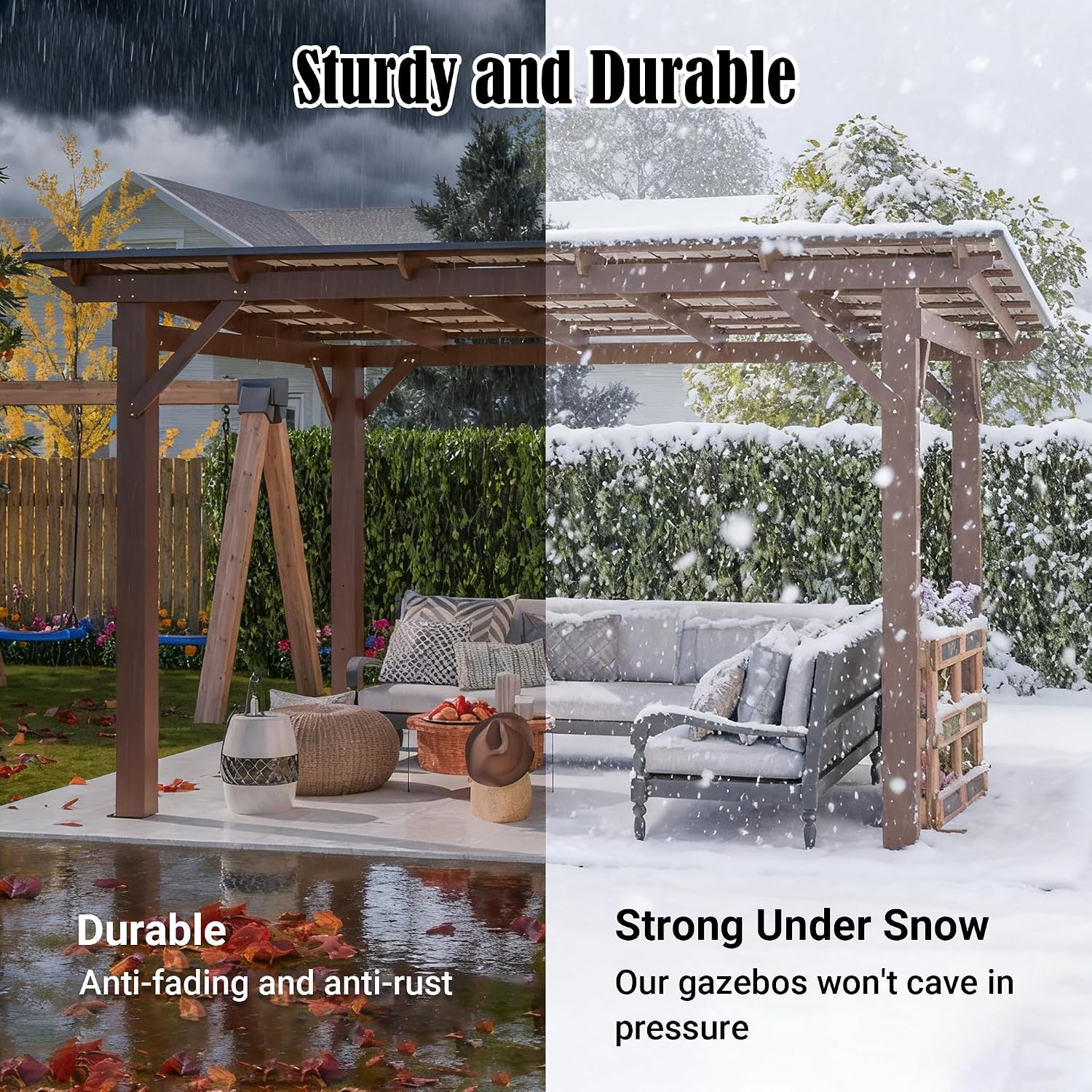 10' x 13' Hardtop Gazebo, Outdoor Pergola with Metal Roof, Grill Gazebo with Wooden Frame & Galvanized Steel Lean to Canopy, Pavilion for Patio, BBQ,Backyard, Garden, fir Wood