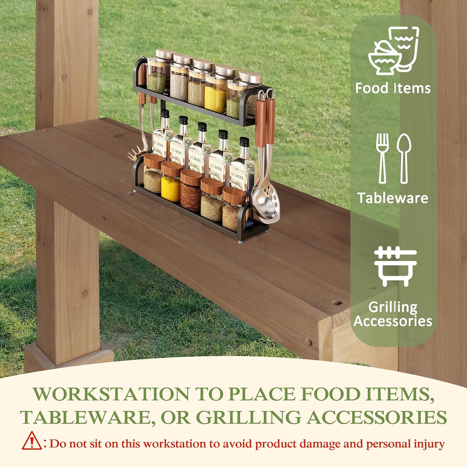 BlueWish 8' x5' Outdoor Grill Gazebo, Wood Grill Gazebo with Metal Sloping Roof, Heavy Duty Cedar Wood Frame, Wind-Resistant Patio Gazebo with Shelves for Barbecue, Backyard, Garden, Light Mocha Brown