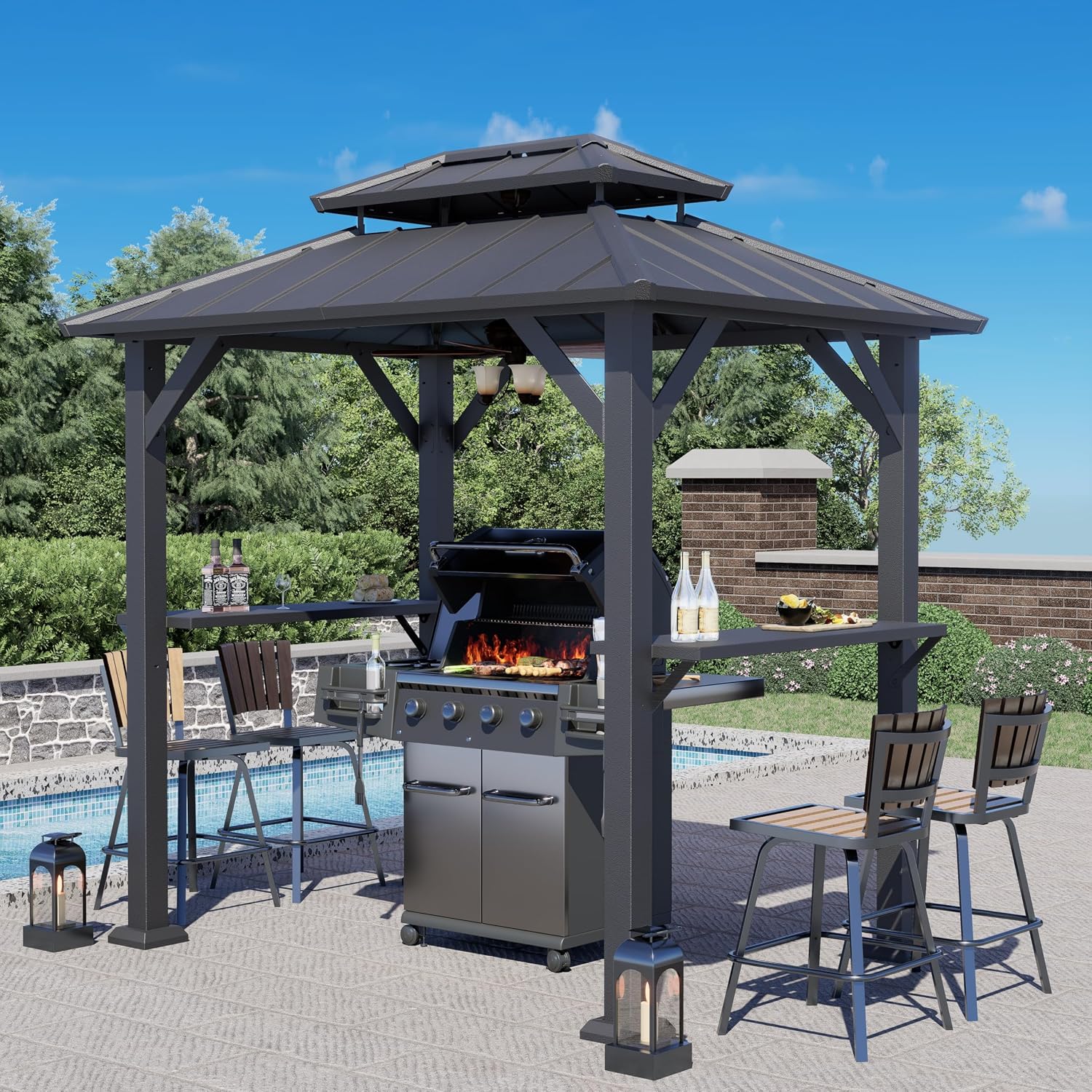 Grill Gazebo,Outdoor Hardtop Gazebo with Galvanized Steel Double Roof BBQ Grill Canopy with Aluminum Frame, 2 Side Shelves for Patio, Backyard, Deck,Lawn 8'x6'