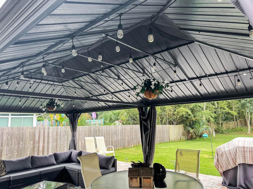 Domi 14' X 24' Hardtop Gazebo, Upgraded Metal Gazebo with Drainage System, Dual-Layer Galvanized Steel Roof, Curtain and Netting, Outdoor Shelter Canopy for Patio, Garden, and Backyard, Grey