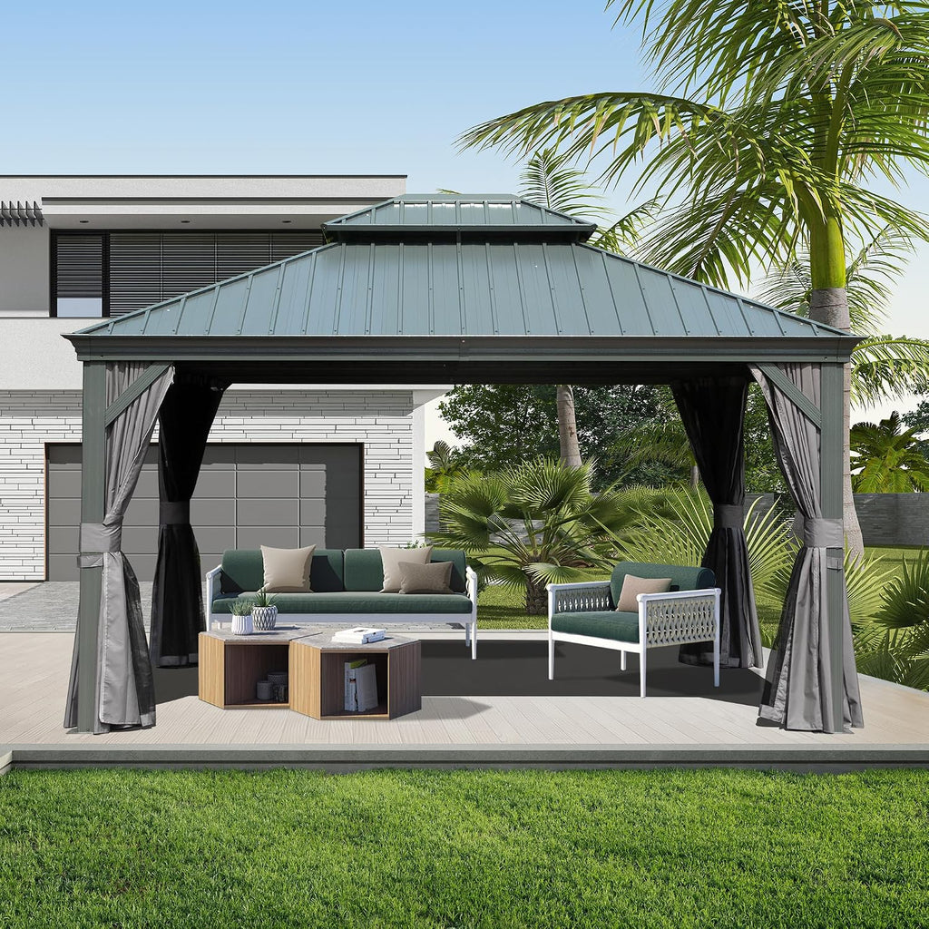 Domi 10' X 14' Hardtop Gazebo Metal Gazebo Canopy with Galvanized Steel Double Roof, Aluminum Frame, Curtains and Netting for Patio, Deck, Garden, Outdoor Shelter, Grey