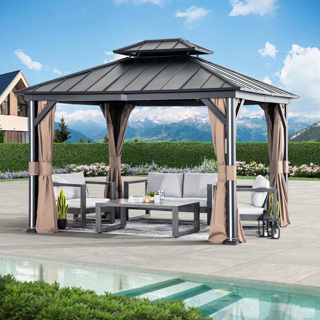 Modern Shade Hardtop Gazebo 10' x 12' with 4 LED Lights, Outdoor Gazebo with Galvanized Steel Double Roof，Four Seasons Pavilion with USB Charging Port Deck, Netting and Curtains for Patios