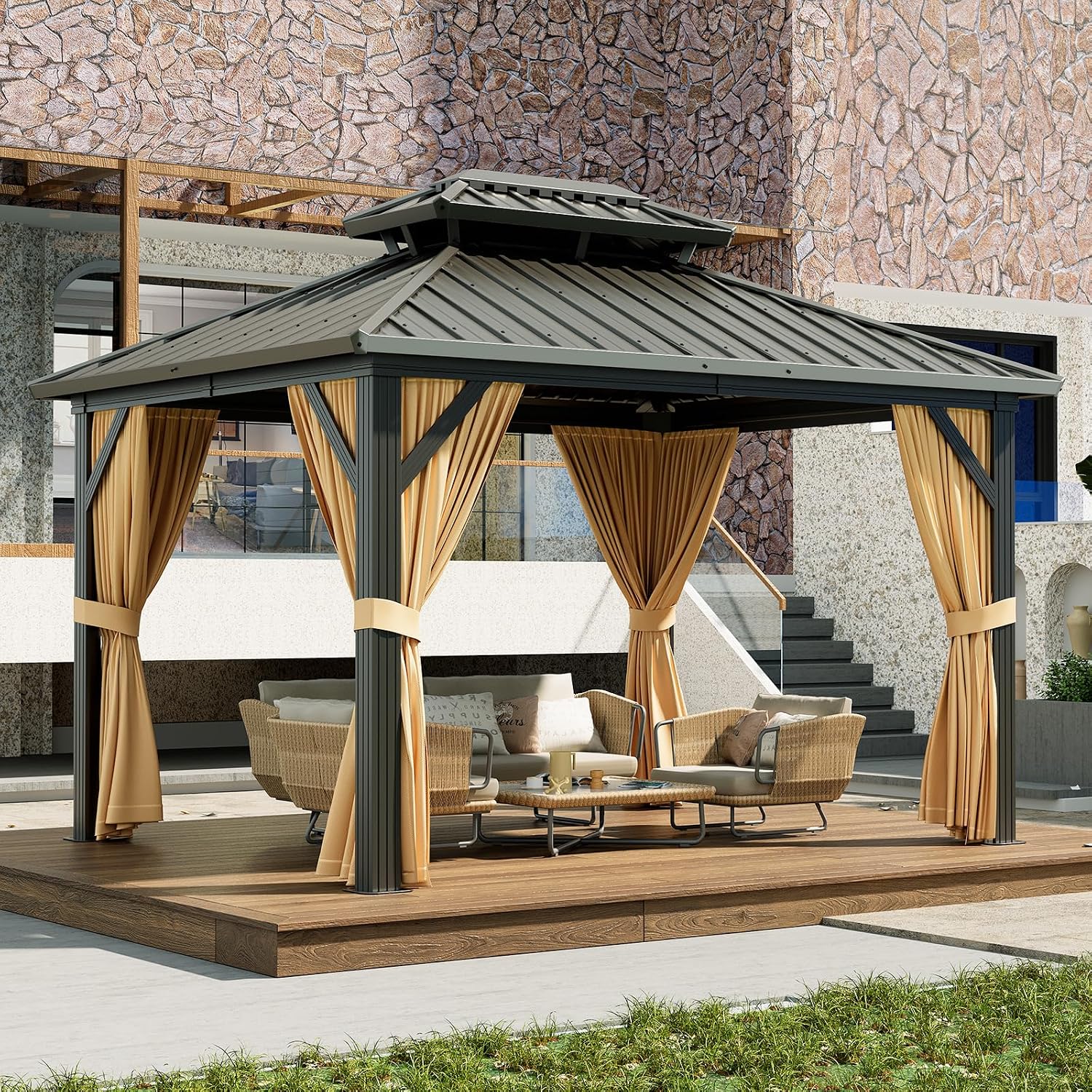 10X12 FT Outdoor Galvanised Steel Hardtop Gazebo, Heavy Duty Double Roof Outdoor Gazebo with Netting and Sunshade Curtains, Aluminium Framed Gazebo for Patio, Terrace, Lawn and Deck, Khaki