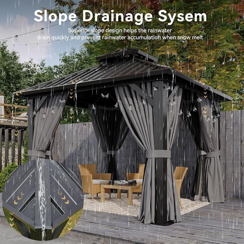 Aoxun 10'x10' Hardtop Gazebo, Permanent Metal Pavilion with Galvanized Steel Double Roof, Outdoor Pregola for Lawn, Garden, Patio (Black)