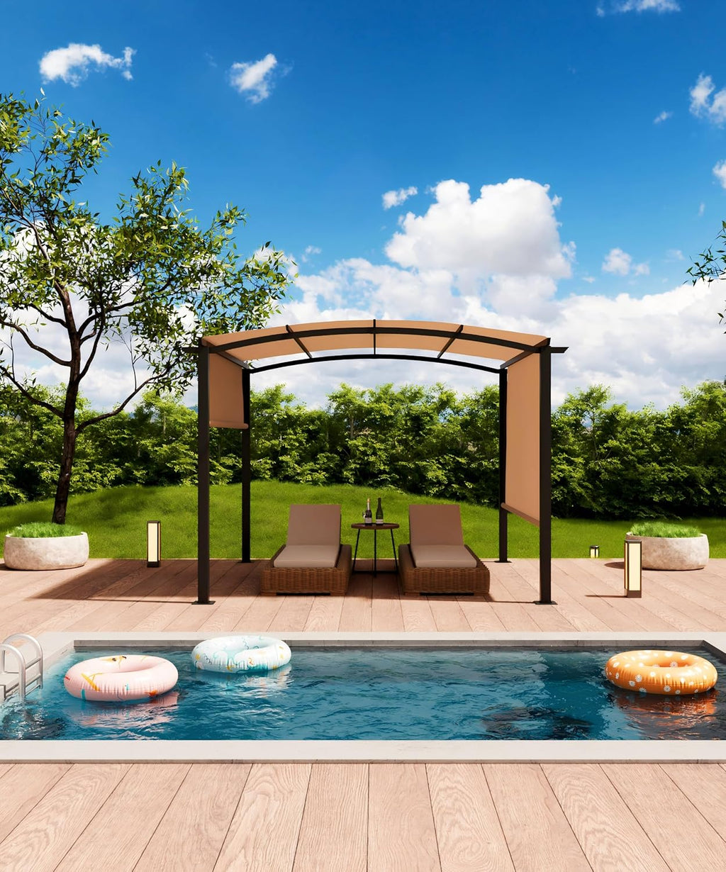 GarveeLife 10 x 10 ft Outdoor Arched Pergola, Metal Pergola with Retractable Canopy, Arched Style Gazebos for Backyard, Lawn, Patios (Khaki)