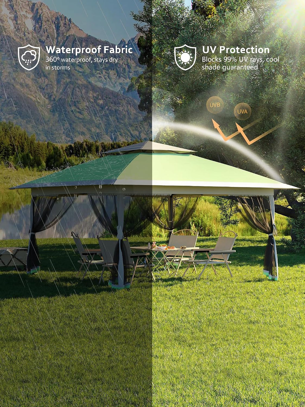 Garvee 13x13 ft Pop Up Gazebo, Canopy Tent with Mosquito Netting, Outdoor Gazebos for Backyard & Patio Furniture - Pop Up Canpy with Wheeled STO-N-Go Cover Bag (Olive Green+Hemp Grey)