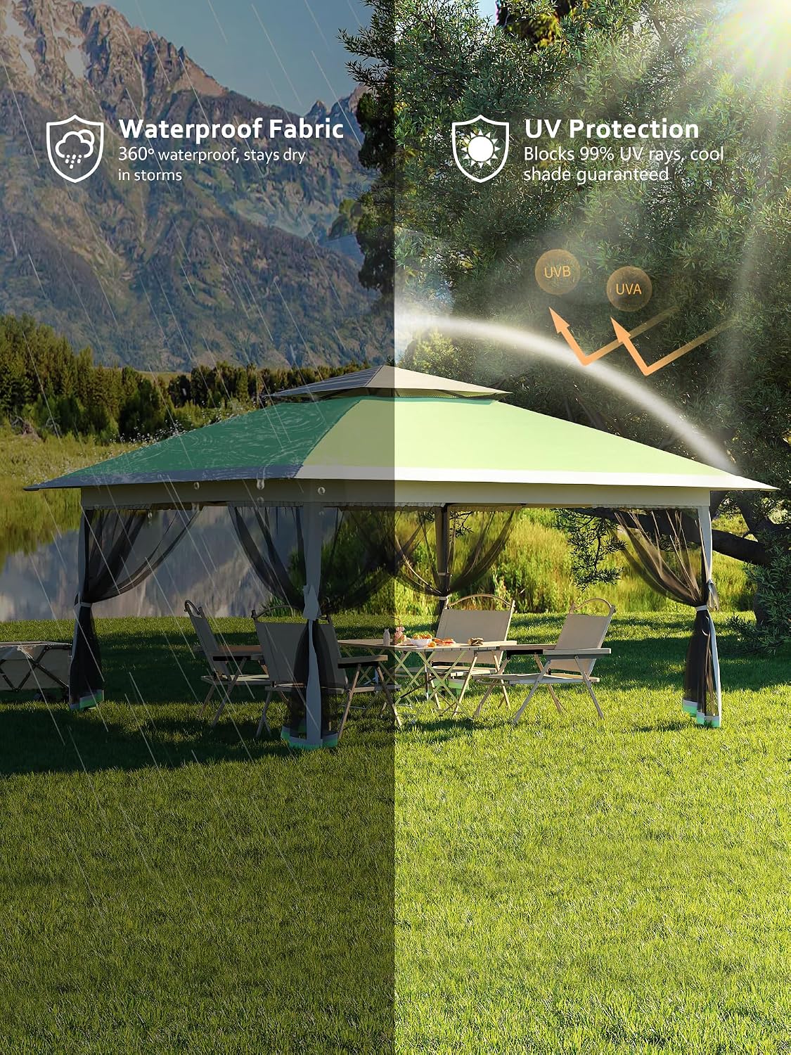 Garvee 13x13 ft Pop Up Gazebo, Canopy Tent with Mosquito Netting, Outdoor Gazebos for Backyard & Patio Furniture - Pop Up Canpy with Wheeled STO-N-Go Cover Bag (Olive Green+Hemp Grey)