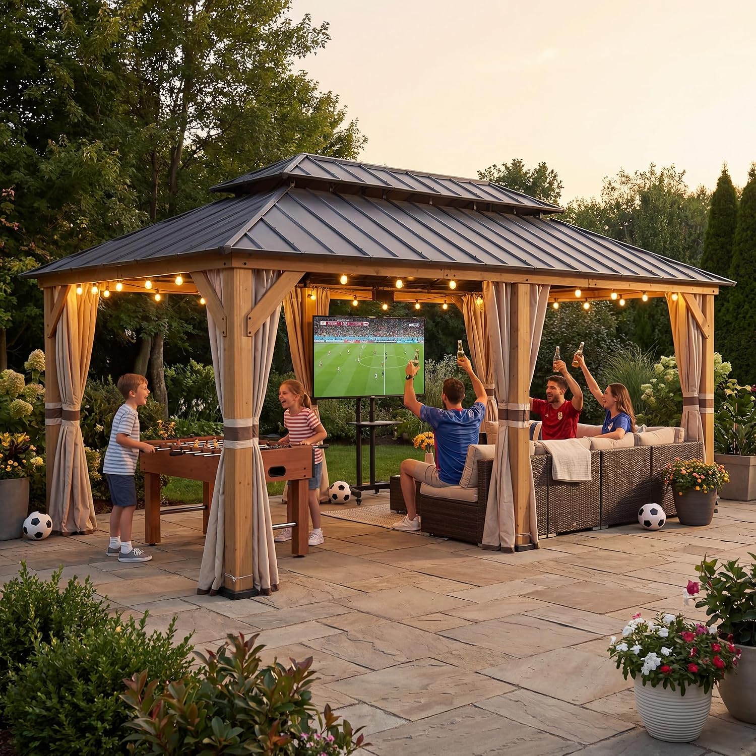 SUNJOY 12x20 Hardtop Wood Gazebo with Galvanized Steel Roof and Curtains, Outdoor Permanent Pavilion Cedar Gazebo for Backyard, Garden, Patio, Deck, Lawn