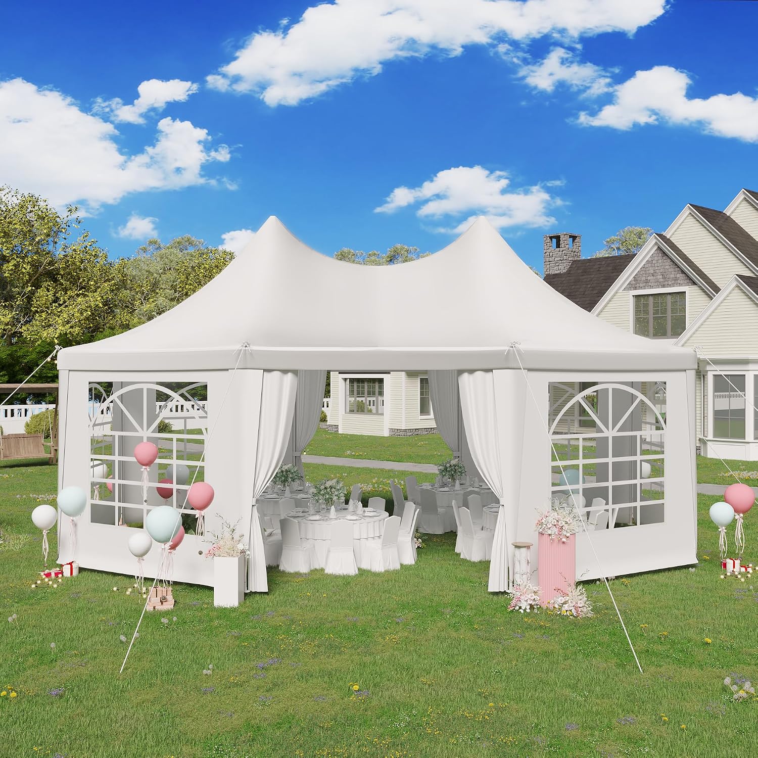 EROMMY 20'x15' Party Tent, White Wedding, Octagonal Heavy Duty Canopy with 6 Removable Sidewalls, 6 Church Windows and 2 Pull-Back Doors, Outdoor Gazebo Pavilion for Party, Wedding, Event