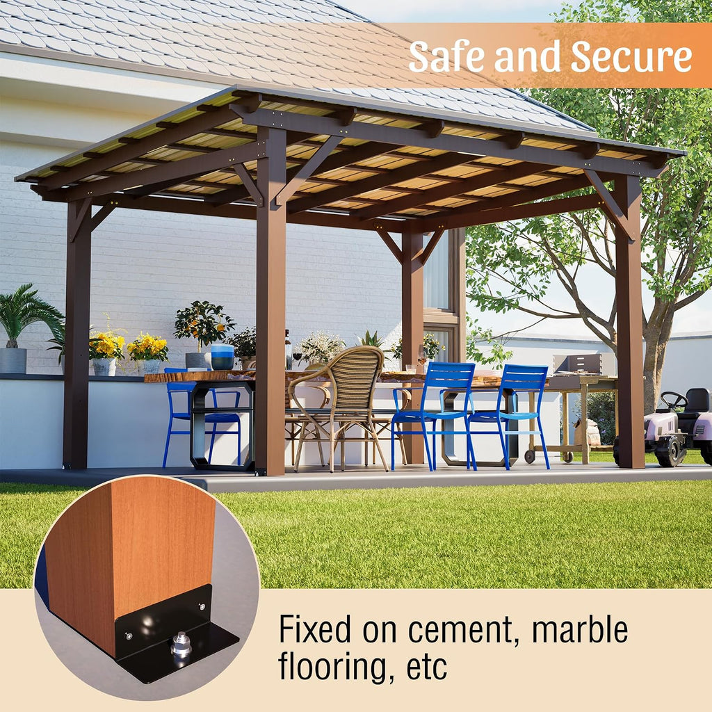 13 x 10 FT Spacious Wooden Garden Gazebo with Metal Roof, Spacious Outdoor Patio Shade Structure for Backyard, All-Weather Waterproof Brown Fir Wood Pergola, Brown