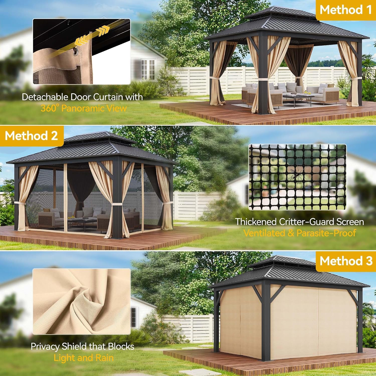 DWVO 12x14ft Aluminum Gazebo Hardtop Double Roof Canopy Outdoor Gazebo Galvanized Roof with Netting and Curtain Garden Tent for Patio, Backyard and Deck