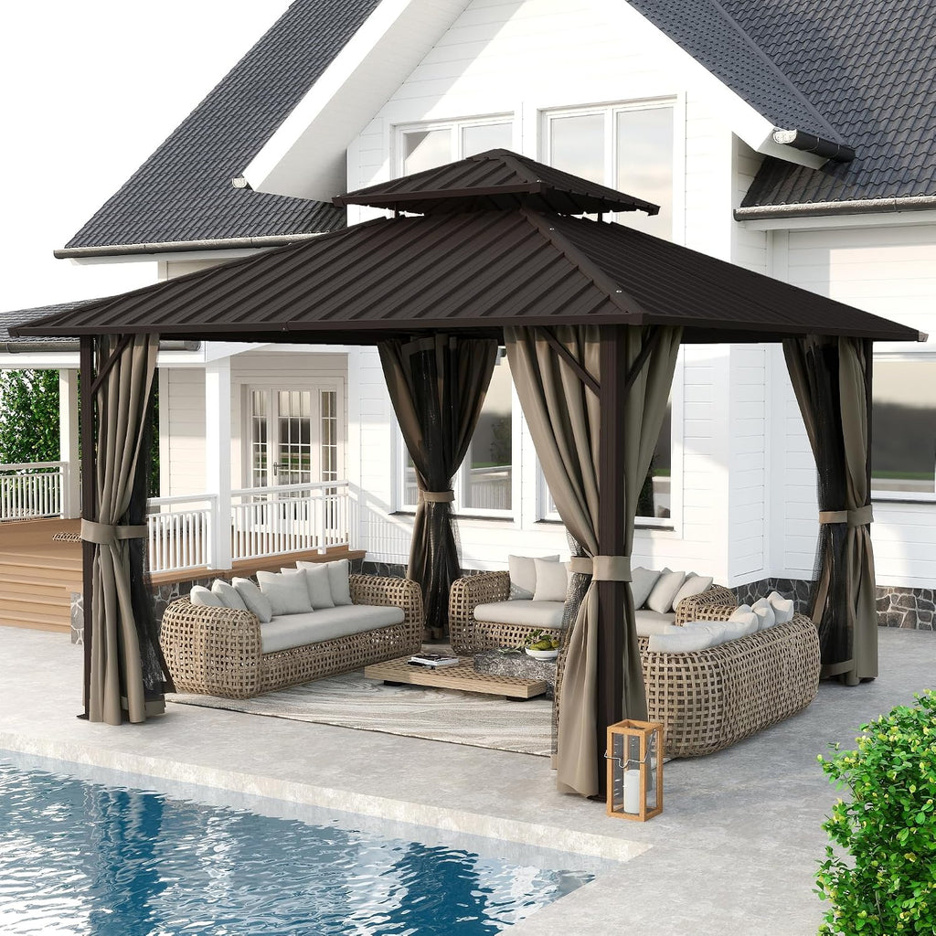 HAPPATIO 12'x12' Outdoor Gazebo with Hardtop Roof, Double Galvanized Steel Roof Canopy with Aluminum Frame, Curtains and Netting for Patio, Backyard, Deck, Lawn, Easy Assembly (Brown)