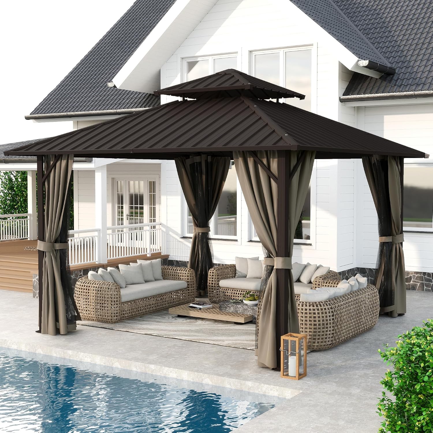 HAPPATIO 12'x12' Outdoor Gazebo with Hardtop Roof, Double Galvanized Steel Roof Canopy with Aluminum Frame, Curtains and Netting for Patio, Backyard, Deck, Lawn, Easy Assembly (Brown)