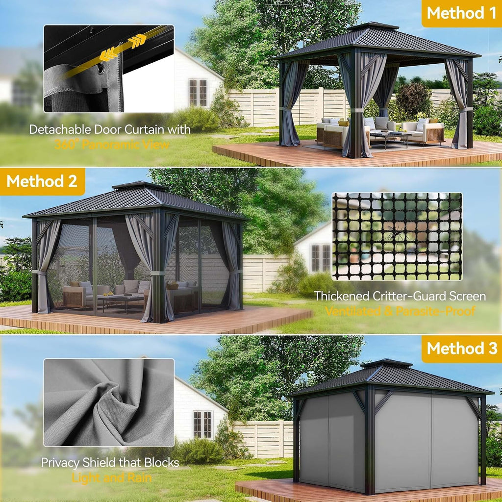 DWVO 12x12ft Hardtop Gazebo Double Roof with Nettings and Curtains, Heavy Duty Galvanized Steel Outdoor Vertical Stripes Roof for Patio, Backyard, Deck, Lawns, Gray