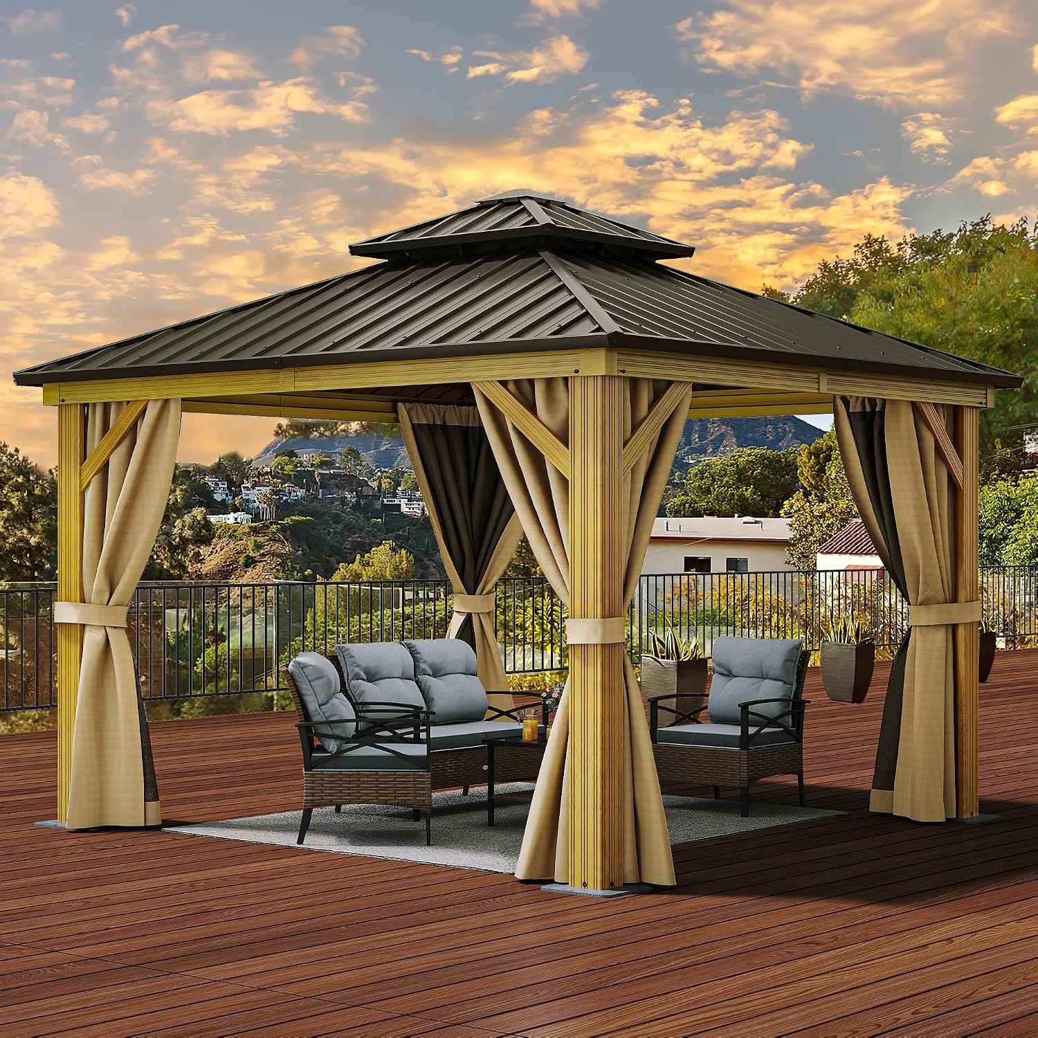 YITAHOME 10x10ft Hardtop Gazebo with Nettings and Curtains, Wood Grain Heavy Duty Double Roof Galvanized Steel Outdoor Combined of Vertical Stripes Roof for Patio, Backyard, Deck, Lawns, Brown