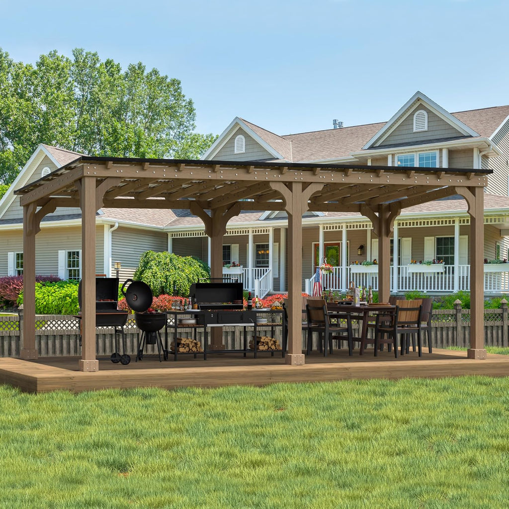 MUPATER 10x20 FT Grill Gazebo with Sloping Metal Roof, Wood Gazebo with 5.5'' Post, Strong Load-Capacity, Heavy Duty BBQ Canopy for Outdoor Grill, Patio, Lawn, Garden, Brown