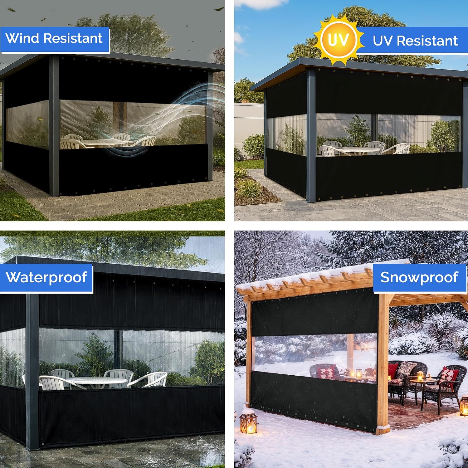 Covers & All Outdoor Clear Panel Curtain, 12 oz Vinyl Outdor Curtains for Patio, Waterproof & Weather Resistant Tarp with Brass Grommets for Pergola, Porch, Gazebos, Balcony (8'H x 10'W Feet, Black)
