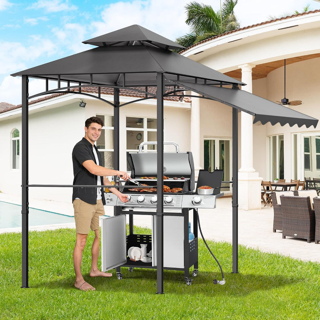 TITIMO 8'x 8' x 7.8' Double Tiered Grill Gazebo with Side Awning,Outdoor Patio BBQ Pergola, Heavy-Duty Metal Frame Canopy Tent with Side Shelves,Hooks,Bottle Opener for Lawn Deck and Garden (Gray)