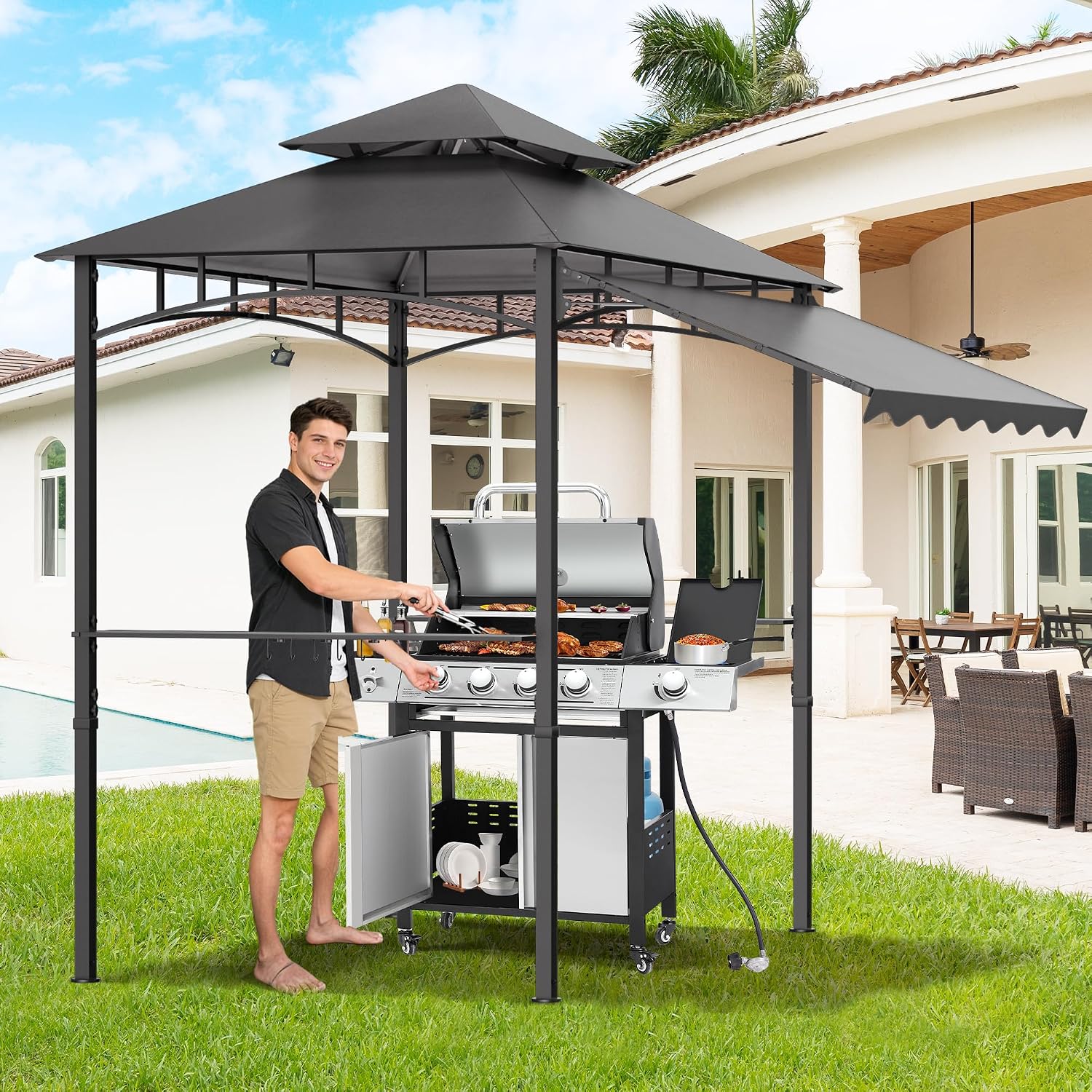 TITIMO 8'x 8' x 7.8' Double Tiered Grill Gazebo with Side Awning,Outdoor Patio BBQ Pergola, Heavy-Duty Metal Frame Canopy Tent with Side Shelves,Hooks,Bottle Opener for Lawn Deck and Garden (Gray)