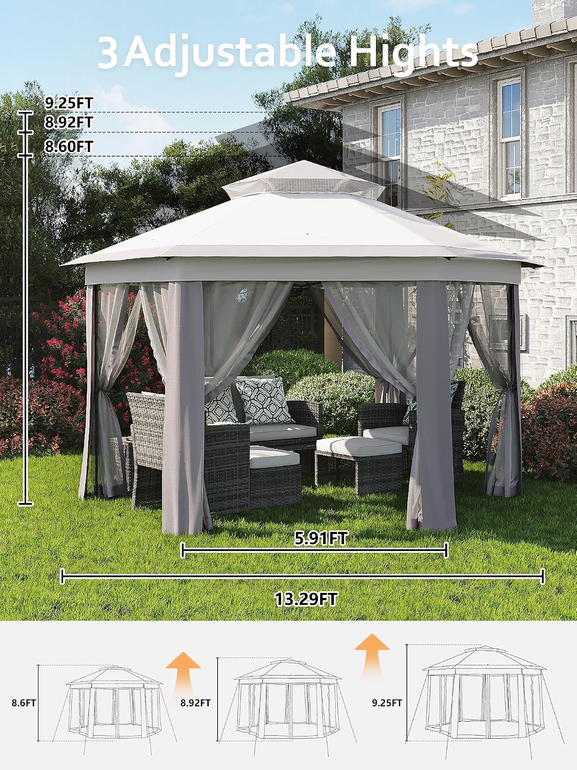 13 x 13FT Pop Up Gazebo, Hexagonal Outdoor Canopy Shelter, Instant Patio Gazebo Tent With Mesh Netting and Strong Steel Frame for Patio Backyard Garden Wedding Party,Light Gray+Dark Gray