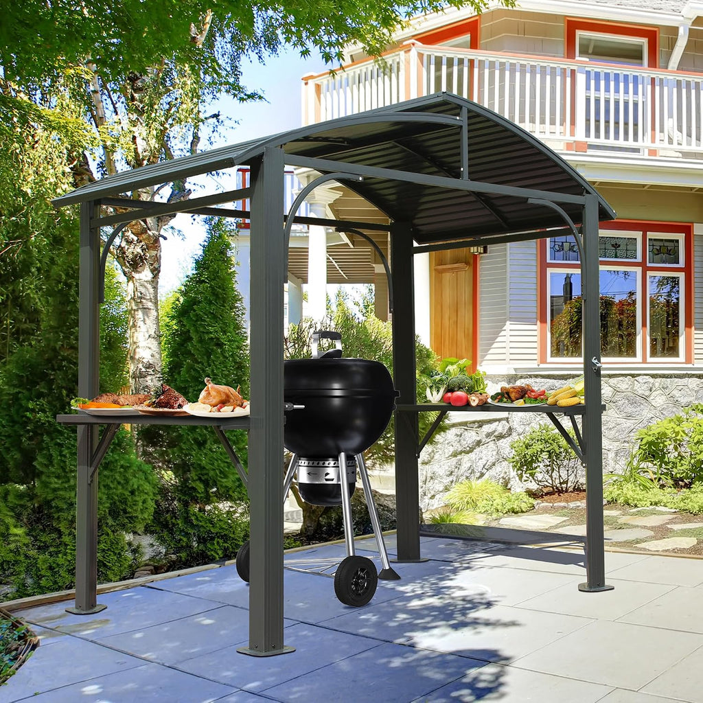 Domi 8x5FT Hardtop Grill Gazebo, Outdoor BBQ Gazebo with 2 Side Shelves and Bottle Opener, Outdoor Grill Canopy with Galvanized Steel Double Roof for Patio Lawn Backyard Deck, Grey