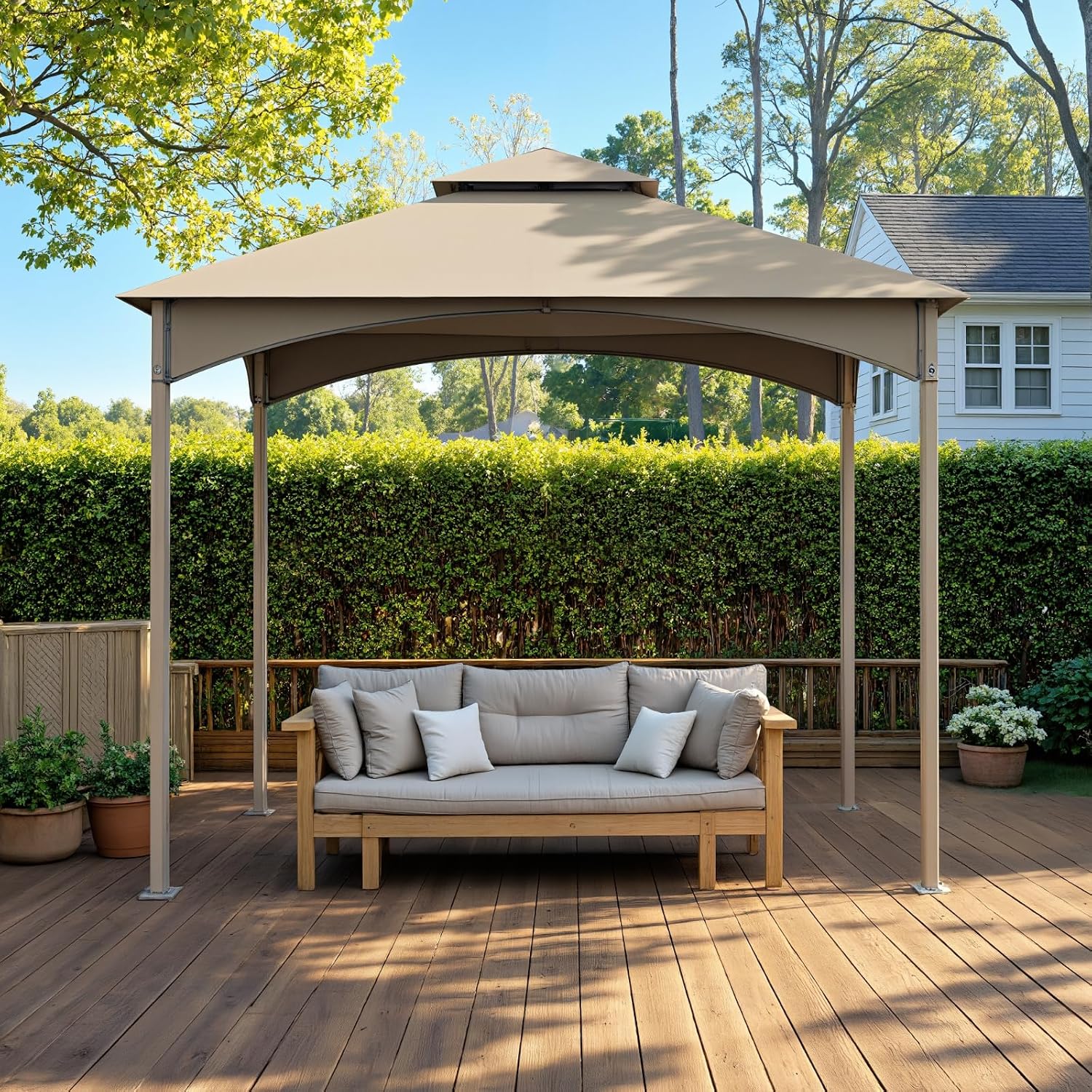 Sannwsg Outdoor Patio Gazebo 10x10 FT, Soft Top Gazebo Canopy with Double Roof, Metal Frame, for Backyard, Deck & Lawn, Wood Grain Posts