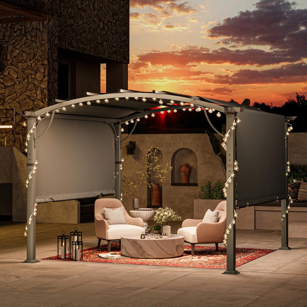 HAPPATIO 10' x10' Outdoor Retractable Pergola, Arched Patio Pergola with Sun Shade Canopy, Aluminum Frame with Canopy Fixed in Various Positions, All- Weather for Backyards, Gardens, Patios (Grey)
