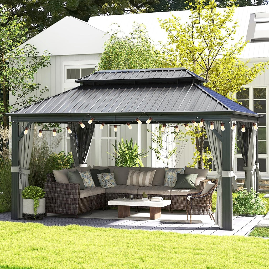 Aoxun 12' X 16' Hardtop Gazebo, Outdoor Pergolas with Mosquito Netting and Curtains, Galvanized Steel Double Roof Permanent Aluminum Gazebo, and LED Outdoor Waterproof Hanging Lights