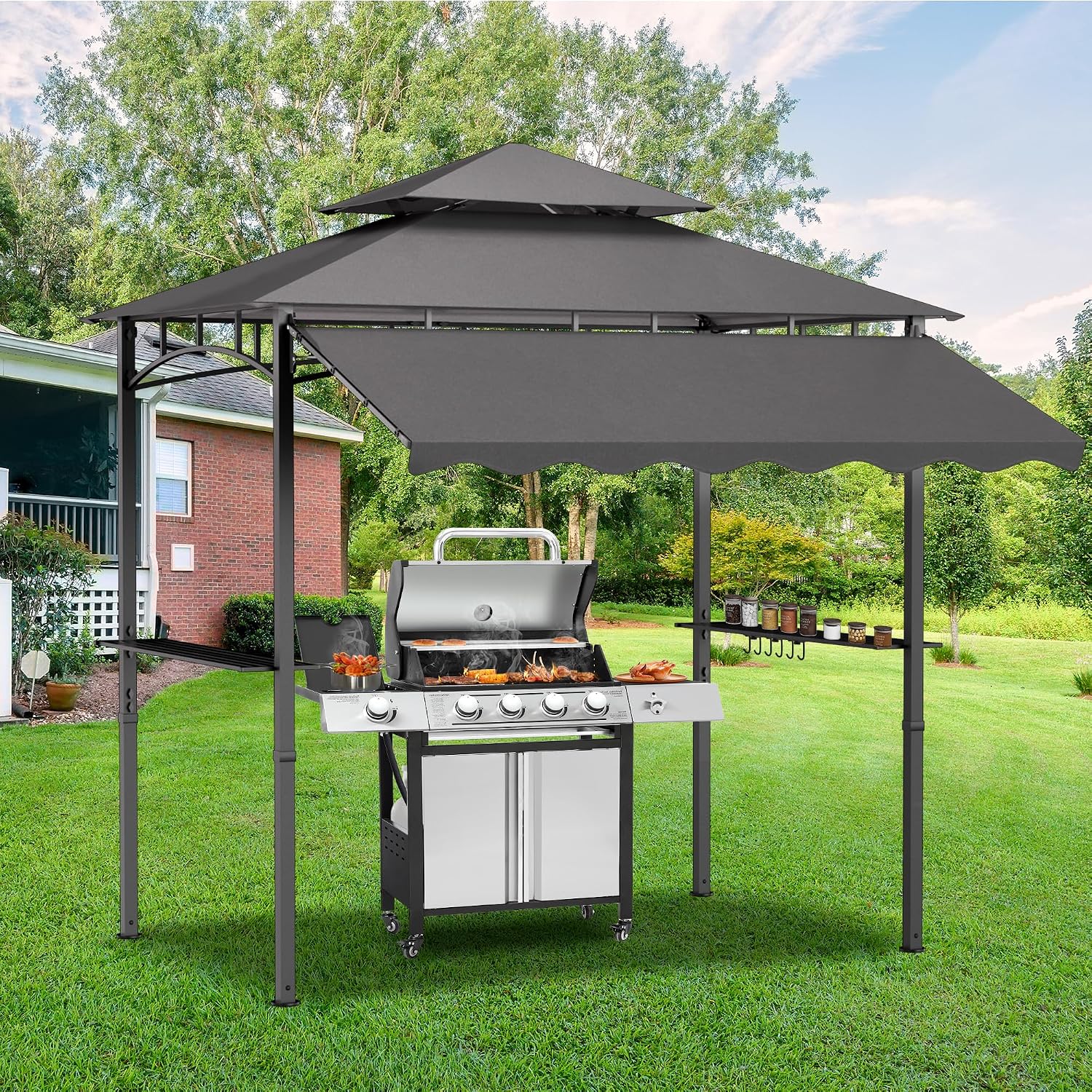 MAGIC UNION 8x8 FT Grill Gazebo with Side Awning, 2-Tier Barbecue Canopy Shelter with 2 Shelves, 7 Hanging Hooks, Bottle Opener, Outdoor Grilling Awnings Tent for Backyard Garden Poolside (Gray)