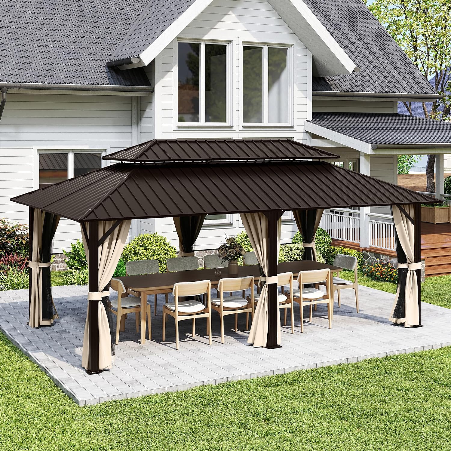 12' x 20' Hardtop Gazebo, Aluminum Frame with Double Galvanized Steel Roof,Permanent Outdoor Gazebo with Netting and Curtains for Backyard, Garden, or Deck, Brown