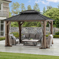 SUNJOY 10x12 Hardtop Wood Gazebo with Galvanized Steel Roof, LED String Lights & Mosquito Netting, Outdoor Permanent Pavilion Cedar Gazebo for Backyard, Garden, Patio, Deck, Lawn