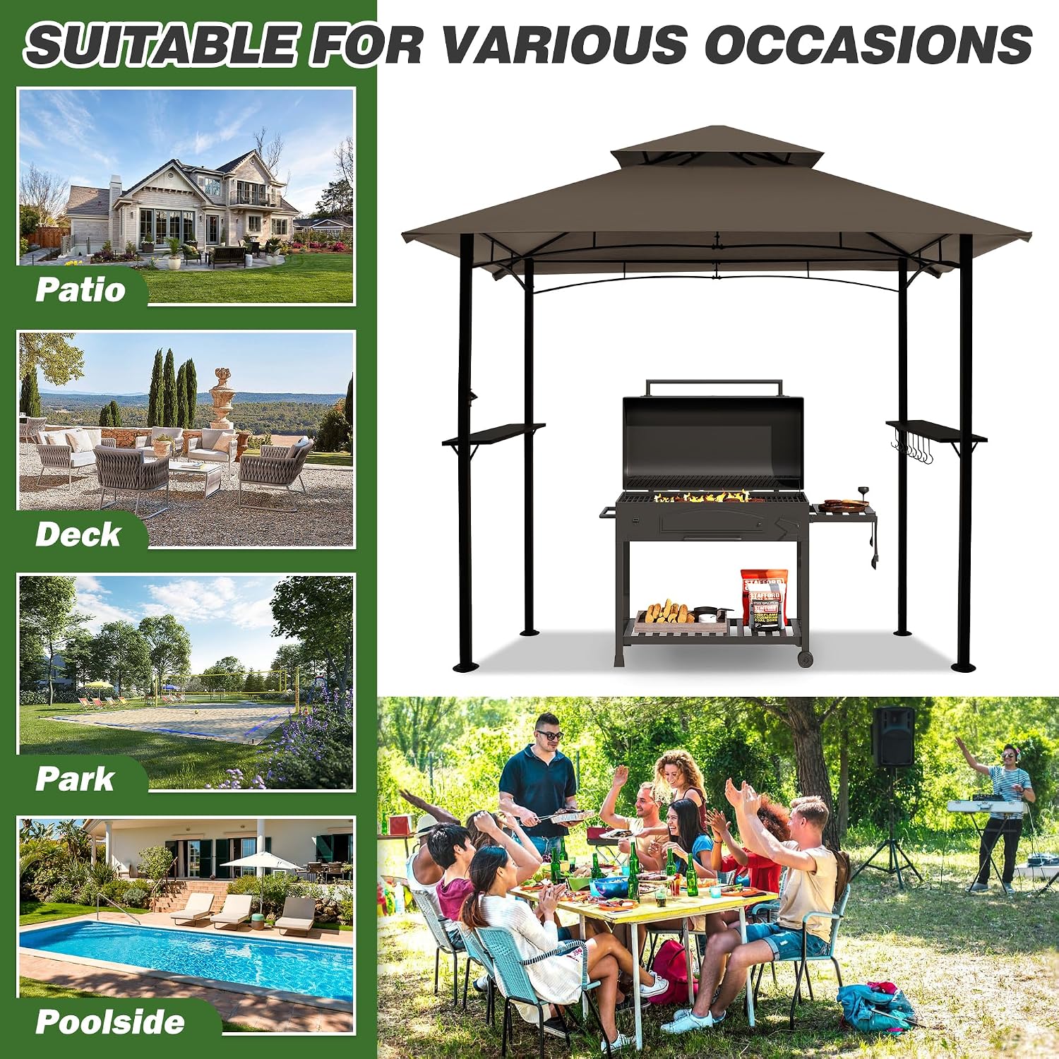 GARTOO 8'x5' Outdoor Grill Gazebo - Double Roof BBQ Gazebo Canopy with 2 Side Shelves and LED Lights, Patio BBQ Pergola Shelter for Garden, Porch and Backyard (Brown)
