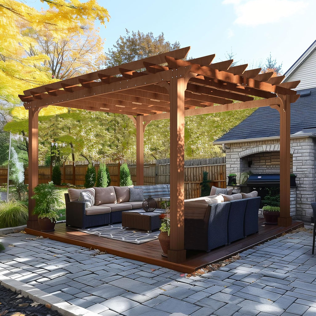 BlueWish 12' x 14' Cedar Wood Patio Pergola with Slatted Trellis Roof, Outdoor Pergola Backyard Gazebo with Solid Structure for Deck Yard Grill Party Garden