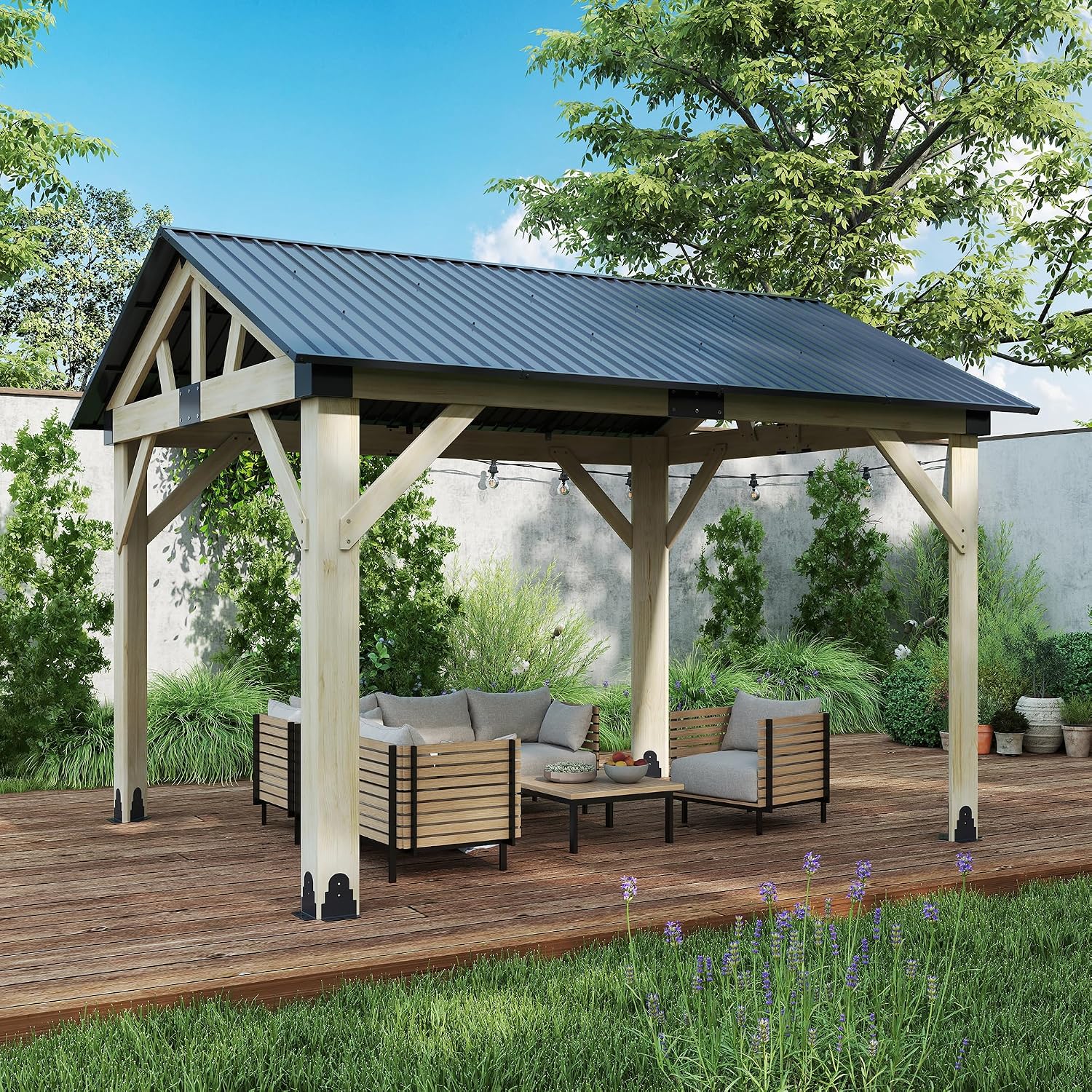 12'x14' Wood Gazebo, Outdoor Hardtop Gazebo, Cedar Frame Wooden Gazebos with Waterproof Steel Roof, Fit Patio, Backyard, Garden, Lawns, Porch