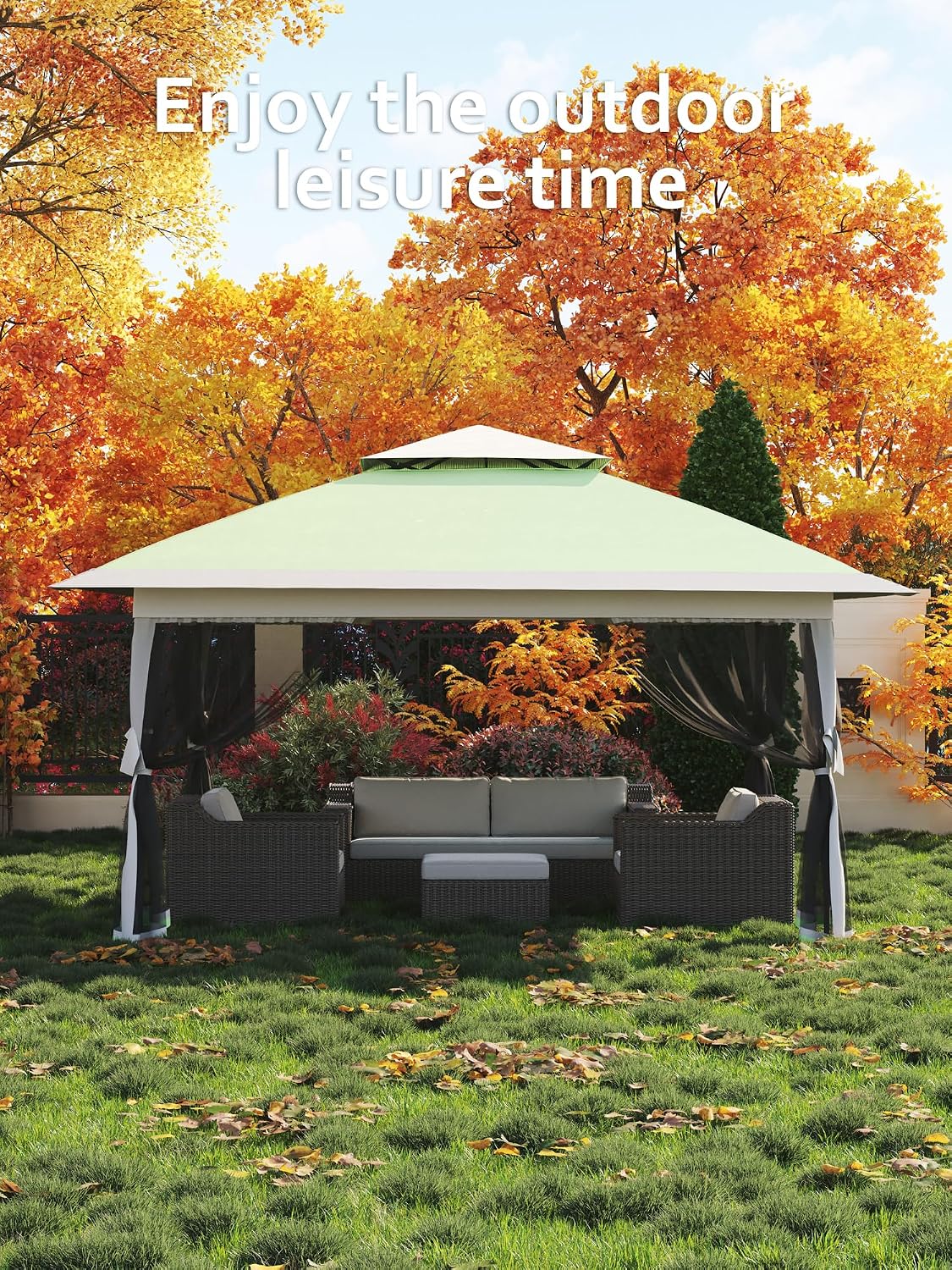 Garvee 13x13 ft Pop Up Gazebo, Canopy Tent with Mosquito Netting, Outdoor Gazebos for Backyard & Patio Furniture - Pop Up Canpy with Wheeled STO-N-Go Cover Bag (Olive Green+Hemp Grey)