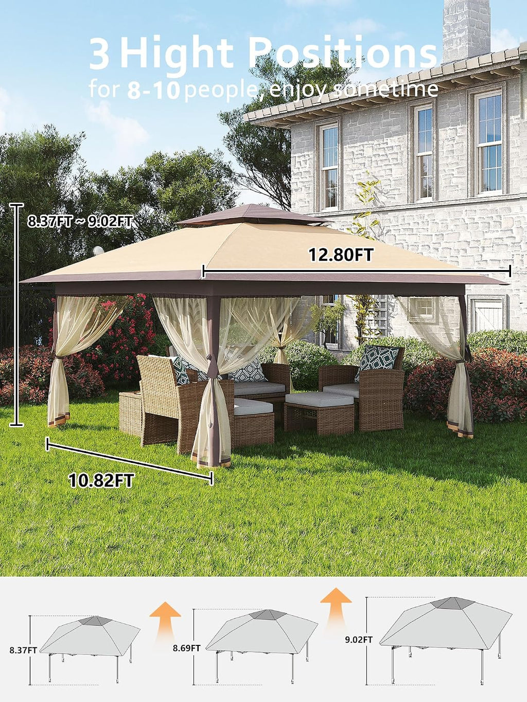 Garvee 13x13FT Pop Up Gazebo,Canopy Tent with Mosquito Netting,Outdoor Patio Gazebo,Backyard Tent for Party,Wedding,Outdoor Dining(Khaki)