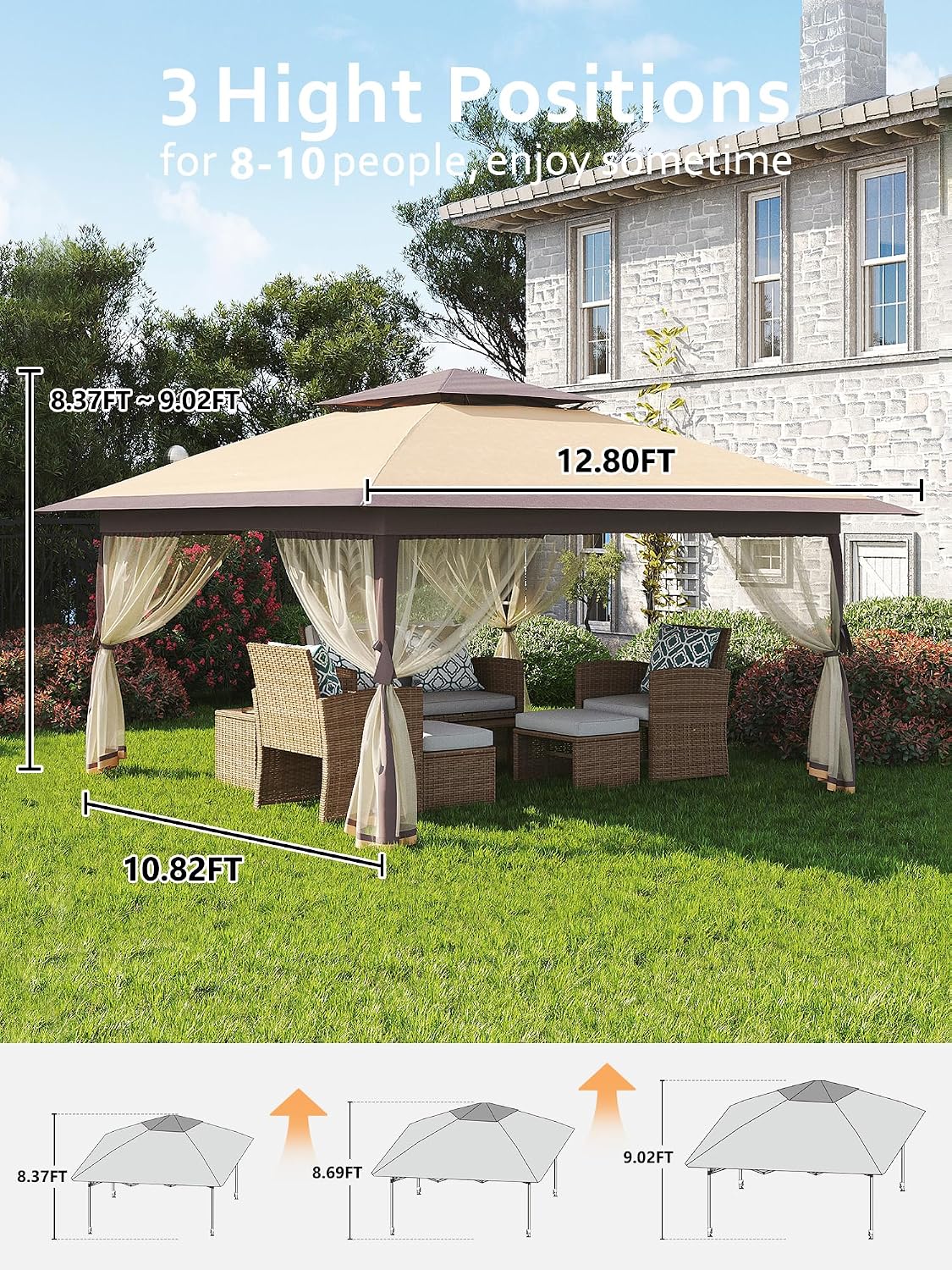 Garvee 13x13FT Pop Up Gazebo,Canopy Tent with Mosquito Netting,Outdoor Patio Gazebo,Backyard Tent for Party,Wedding,Outdoor Dining(Khaki)