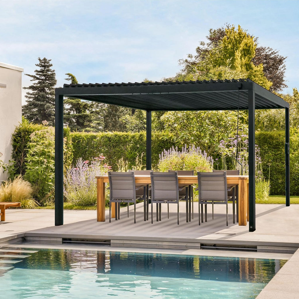 Backyard Discovery Sarasota 16' x 10' Galvanized Steel Louvered Pergola Kit with Adjustable Roof, Shade, Rain Protection, High-Wind Rating, Gutter System for Outdoor Patio, Garden, Deck, Entertaining