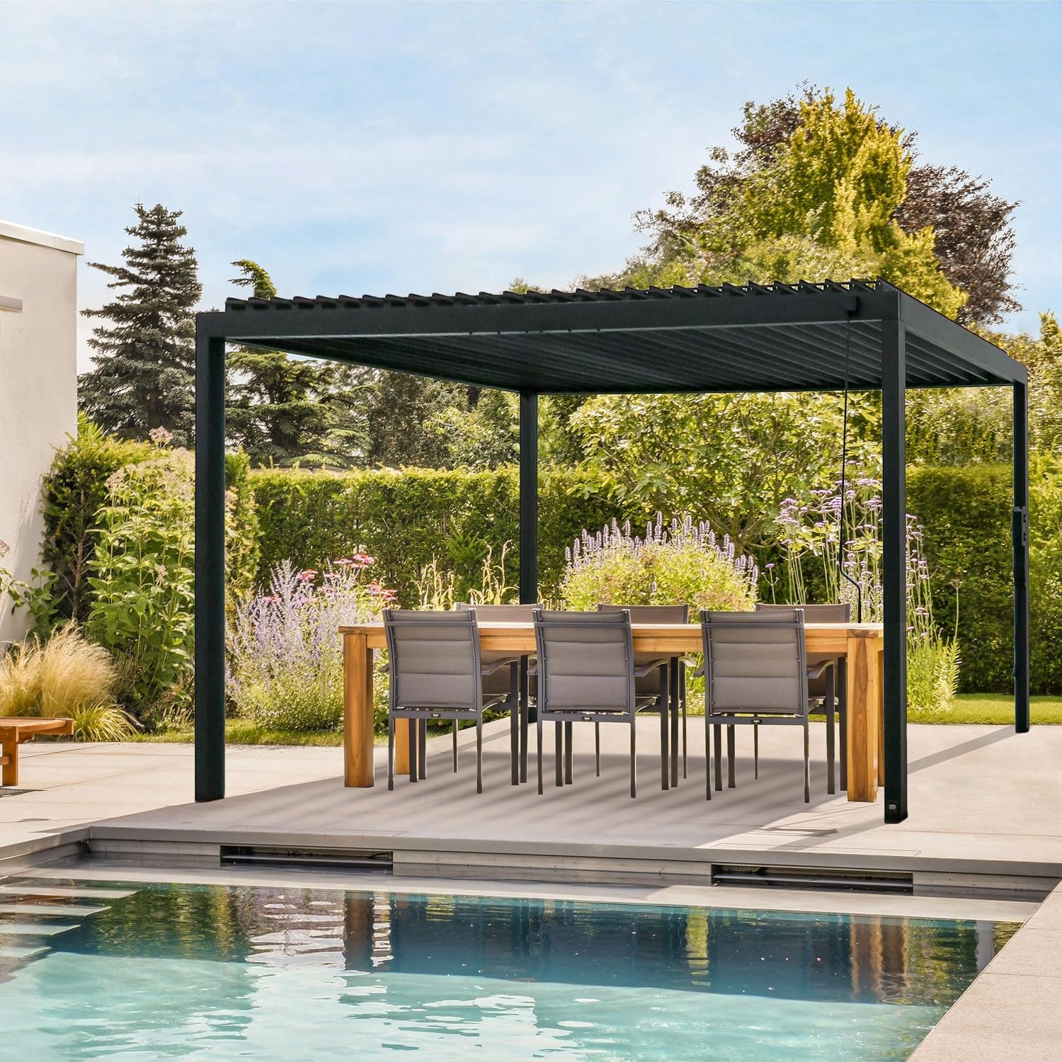 Backyard Discovery Sarasota 16' x 10' Galvanized Steel Louvered Pergola Kit with Adjustable Roof, Shade, Rain Protection, High-Wind Rating, Gutter System for Outdoor Patio, Garden, Deck, Entertaining