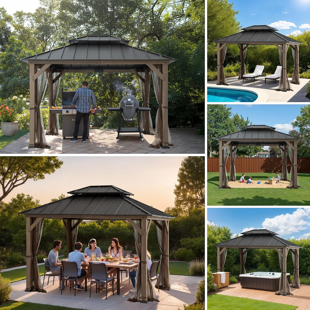 SUNJOY 10x12 Hardtop Wood Gazebo with Galvanized Steel Roof, LED String Lights & Mosquito Netting, Outdoor Permanent Pavilion Cedar Gazebo for Backyard, Garden, Patio, Deck, Lawn